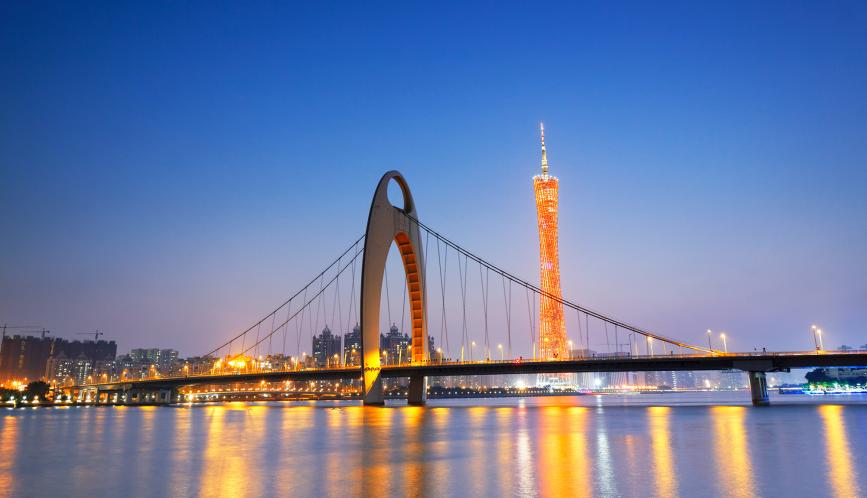A nighttime view of Liede Bridge of Guangzhou City, Guangdong Province, China.