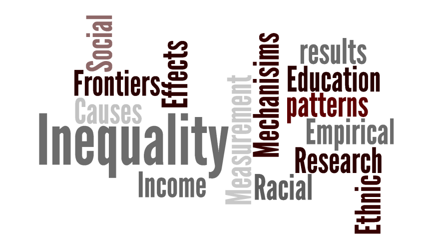 Graphic with different sized text arranged in different directions reads "Inequality/Measurement/Causes/Mechanisms/Effects/Frontiers/Education/Research/Ethnic/Income/Racial/Empirical/results/Social/patterns"