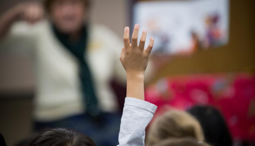 A child raises in hand in class.