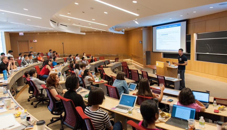 A wide view of the classroom while Nathaniel Hendren presents his work.
