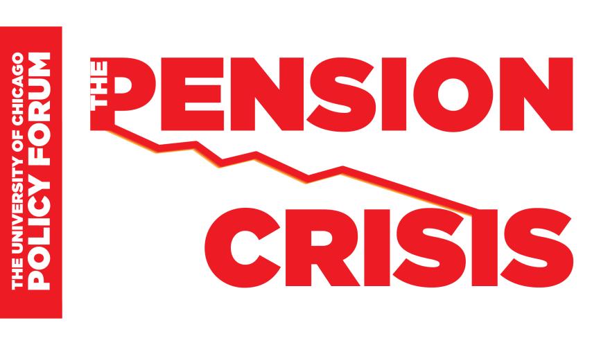 A text image, showing the words "Pension Crisis" in bold red type, with a descending line graph. cutting through the words
