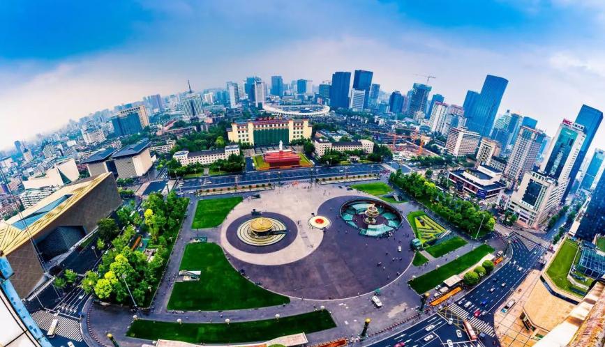Aerial photo of Tianfu Square in Chengdu, China.