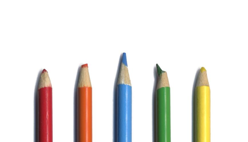 A stock image of five colored pencils.