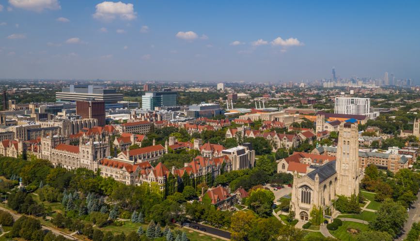 Aerial view of University of Chicago campus.
