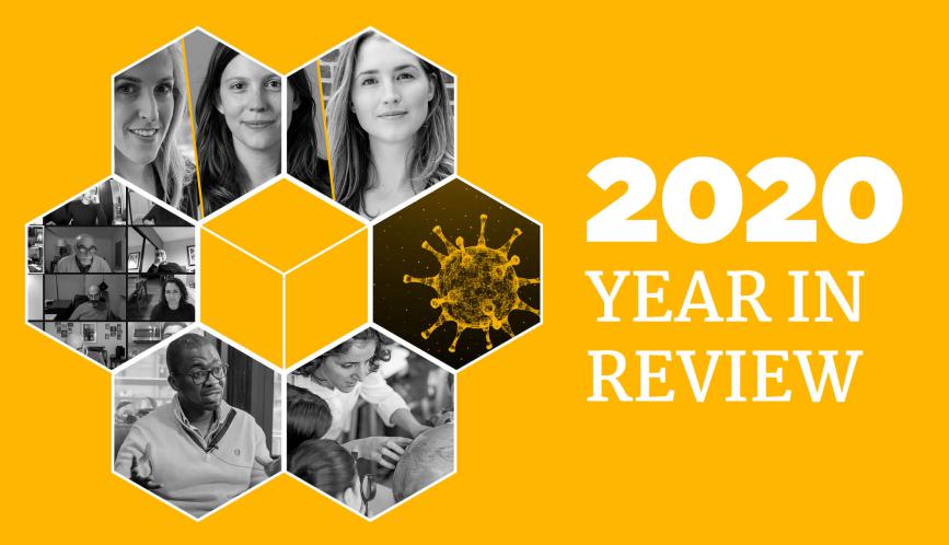 Graphic reads "2020 Year in Review" with images of researchers
