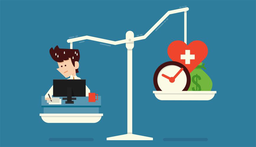 Scale weighing a man on his computer on one side and a clock, a heart, and a money bag on the other side