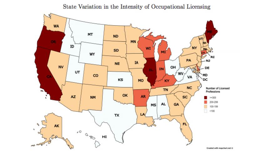 Map titled "State Variation in the Intensity of Occupational Licensing"