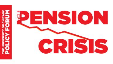 A text image, showing the words "Pension Crisis" in bold red type, with a descending line graph. cutting through the words