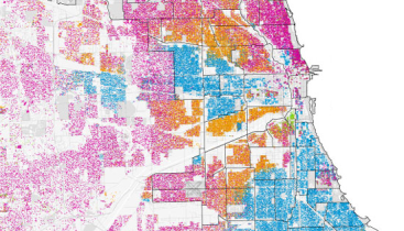 Multi-colored map showing different neighborhoods in Chicago.