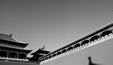 Black and white image of the roofs of pagodas.