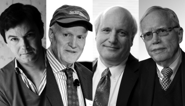 Black and white headshots of Thomas Piketty, Kevin Murphy, Steven Durlauf, and James Heckman.