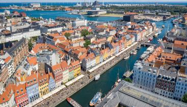 Aerial view of red rooftops and canals in Copenhagen, Denmark