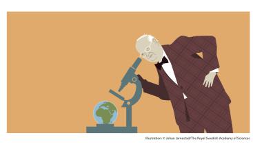 Illustration of Angus Deaton looking at Earth through telescope